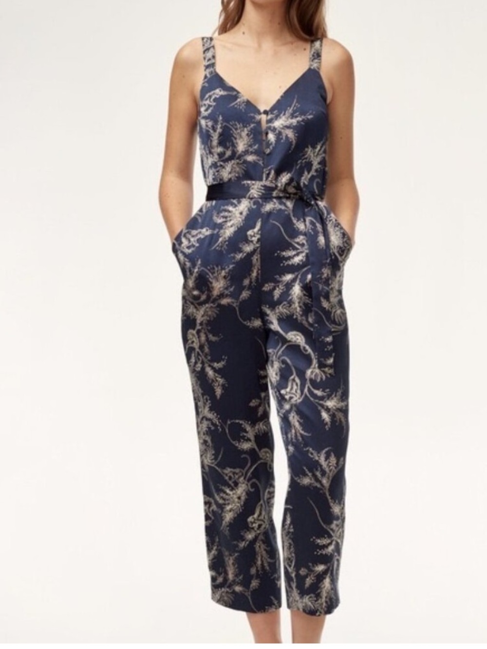 NWT Little Moon Petunia Jumpsuit Floral Front Button Blue Peach Dressy NO BELT